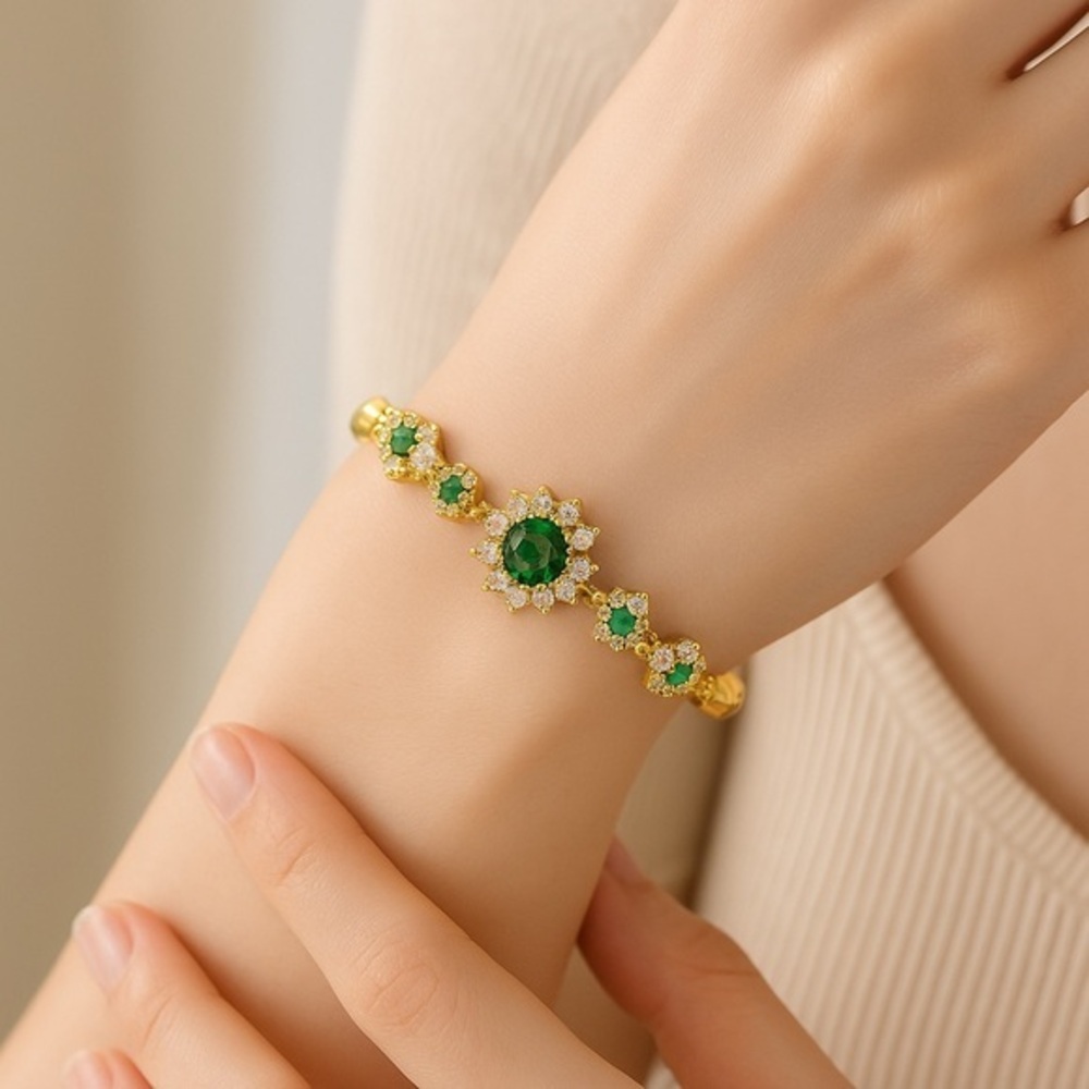 Gold Floral Bracelet Green Crystal Zirconia Vintage style Elegant Jewelry‎ new